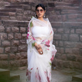 White Floral Painted Organza Saree