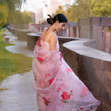 Pastel Pink Floral Painted Organza Saree