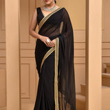 Smooth Black Georgette Saree With Lace Work Border