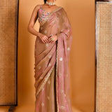 Brownish Pink Tissue Organza Saree With Sequins And Lace Blouse