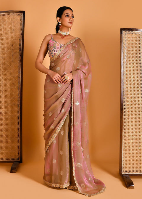 <img> Brownish Pink Tissue Organza Saree With Sequins And Lace Blouse