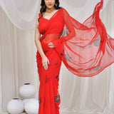 Red Georgette Hand Painted Saree