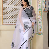 White Hand Painted Organza Saree