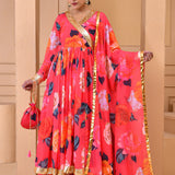 Strawberry Pink Georgette Anarkali Set With Floral Prints