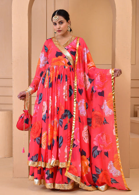 <img> Strawberry Pink Georgette Anarkali Set With Floral Prints