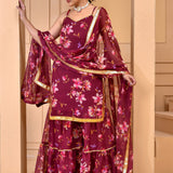 Maroon Chiffon Kurti Set With Floral Prints