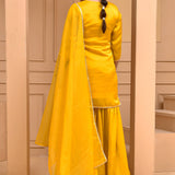 Yellow Satin Yoke Design Kurta With Sharara And Dupatta