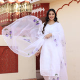 White Taffeta Silk Suit Set With Floral Prints