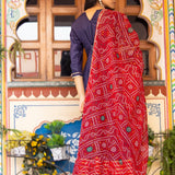 Indigo Cotton Silk Anarkali Set With Bandhani Dupatta