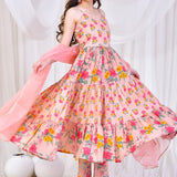 Pale Pink Cotton Anarkali Set With Floral Prints