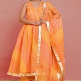 Orange Cotton Silk Anarkali Set With Stripes