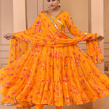 Orange Chiffon Anarkali Set With Printed Floral Design
