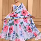 White Georgette Anarkali Set With Digital Print