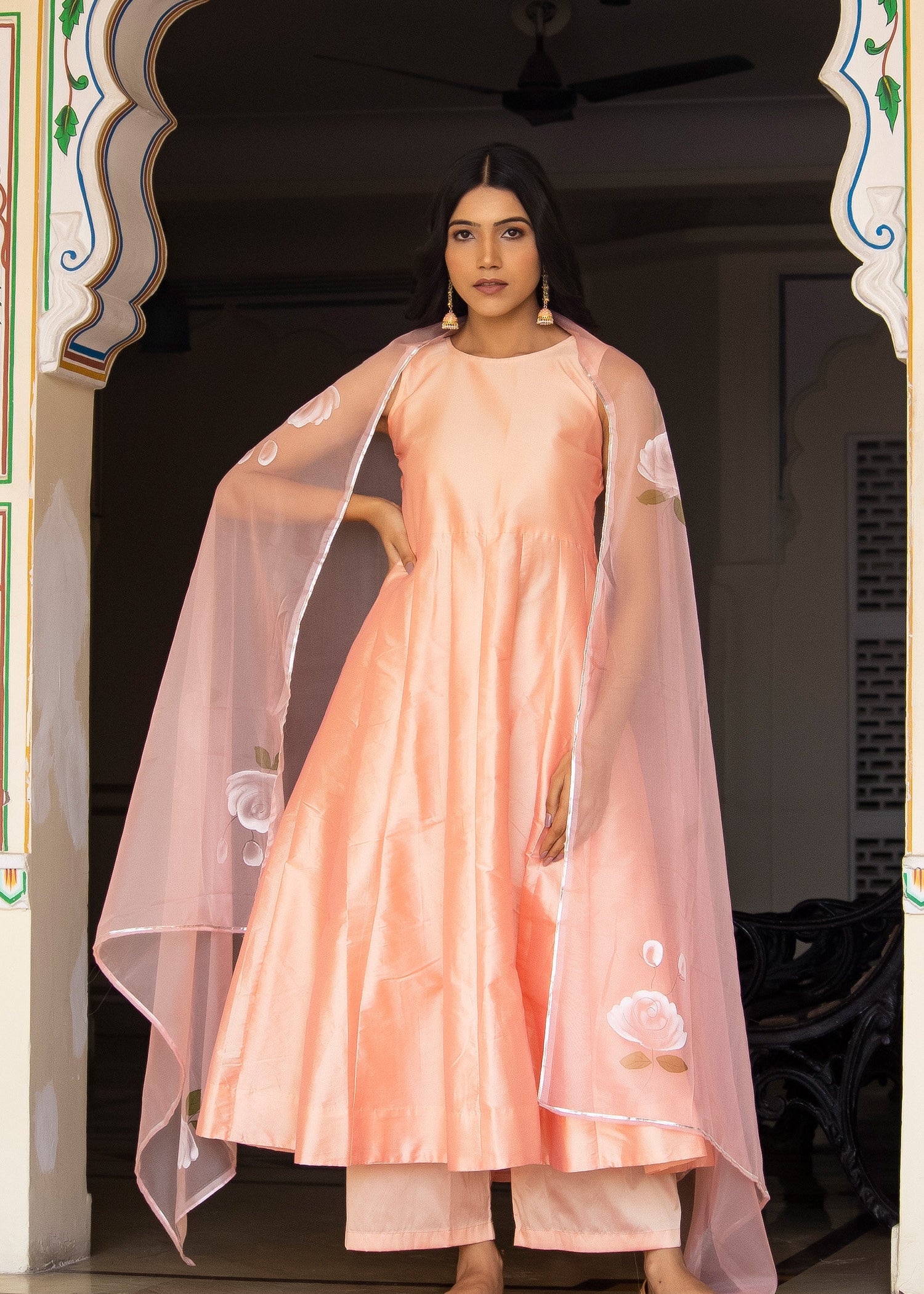 <img> Peach Taffeta Silk Suit Set With Floral Prints