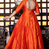 Tiger Orange Taffeta Silk Anarkali Set With Zari Woven Dupatta