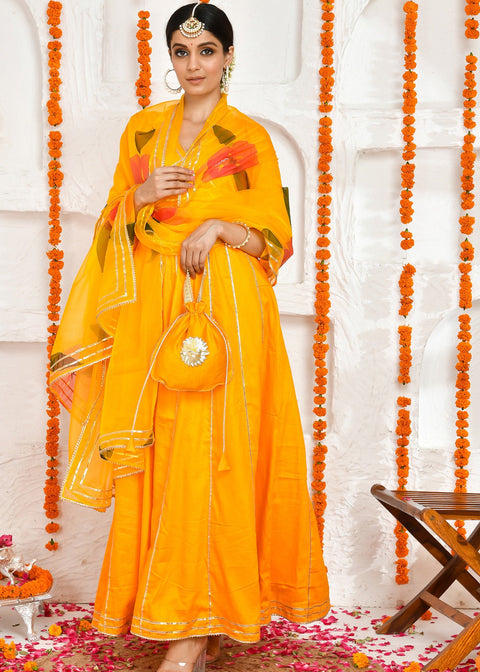 <img> Yellow Anarkali Set With Organza Dupatta