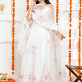 White Organza Anarkali Set With Floral Prints