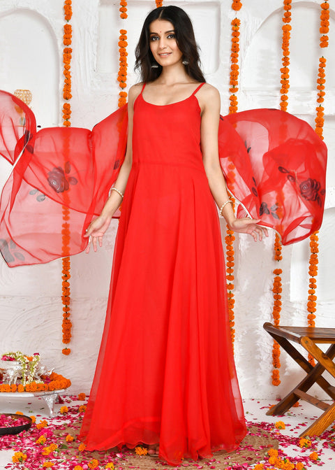 <img> Red Georgette Anarkali Set With Printed Dupatta