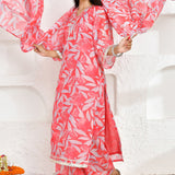 Punch Pink Chanderi Kurta Set With Floral Prints