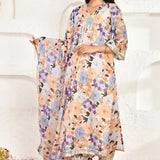 Peach Chanderi Kurta Set With Floral Prints