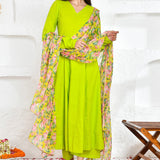 Lime Green Cotton Anarkali Set With Printed Dupatta
