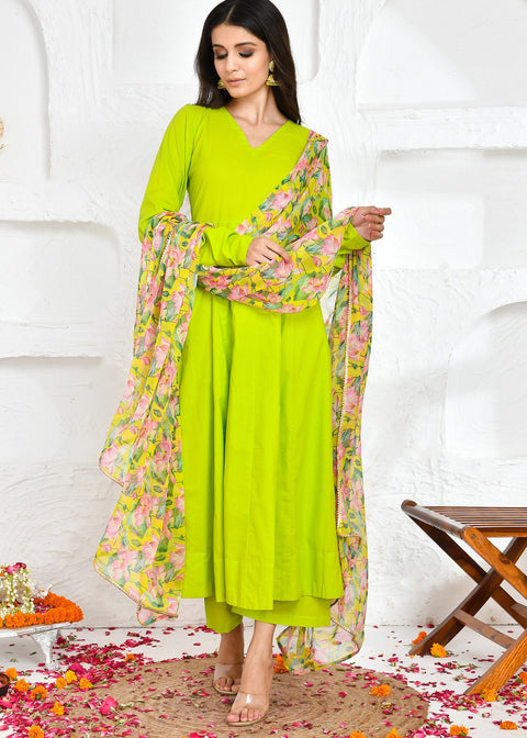<img> Lime Green Cotton Anarkali Set With Printed Dupatta