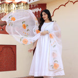 White Taffeta Silk Suit Set With Orange Floral Prints