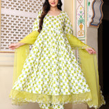 White And Green Cotton Anarkali Set With Handblock Prints