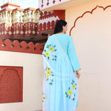Blue Cotton Anarkali Set With Hand Painted Design