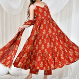 Maroon Cotton Anarkali Set With Floral Prints