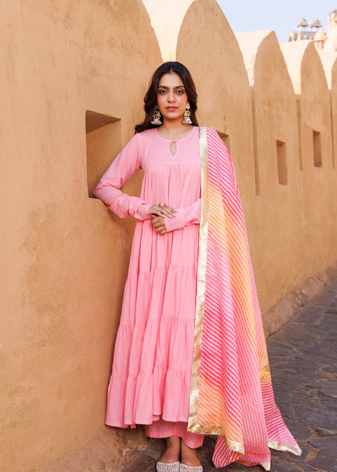 <img> Light Pink Cotton Anarkali Set