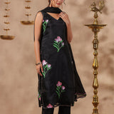 Black Organza Floral Painted Kurti Set
