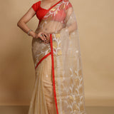 Beige Semi Resham Saree With Red Edge