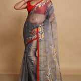Peanut Brown Semi Resham Saree With Red Edge