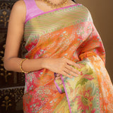 Pinkish Orange Floral Kanjivaram Silk Saree
