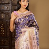 Dark Purple Floral Kanjivaram Silk Saree