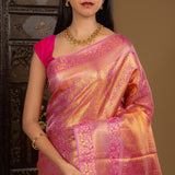 Golden Bright Pink Floral Kanjivaram Silk Saree
