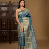 Dark Cyan Blue Floral Kanjivaram Silk Saree