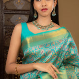 Turquoise Blue Floral Kanjivaram Silk Saree