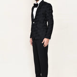 Black Three Piece Jacquard Suit Set With Bow