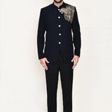 Dark Navy Blue Terry Rayon Prince Coat With Pant