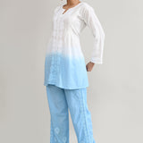 White And Blue Cotton Chikankari Suit Set