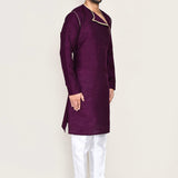 Burgundy Art Silk Kurta Set With Designer Neck