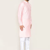 Pastel Pink Jacquard Silk Kurta Set With Designer Neck