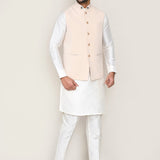 Ivory Art Silk Kurta Set With Beige Jacket