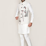 White Art Silk Kurta Set With White Cotton Jacket
