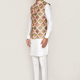 White Art Silk Kurta Set With Multicolour Jacket