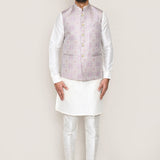 White Jacquard Kurta Set With Grey Jacket