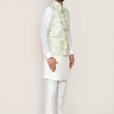 White Art Silk Kurta Set With Pista Green Jacket