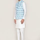 Off White Art Silk Kurta Set With Blue Jacket